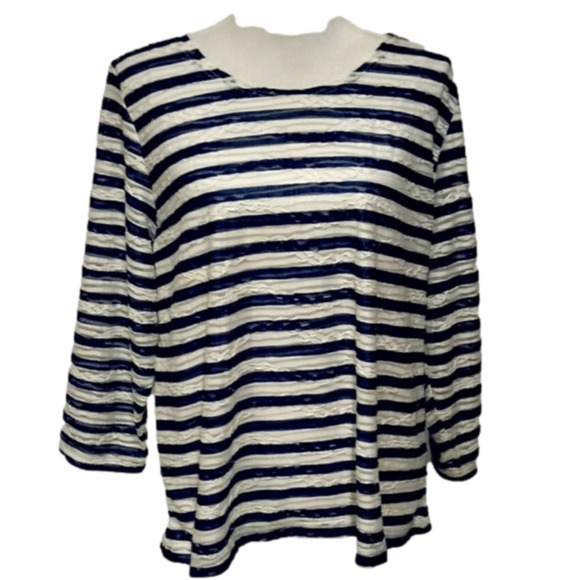 Cathy Daniels Blue White Striped Sheer Tulle Detail Scoop Neck Long Sleeve Top - Picture 1 of 8